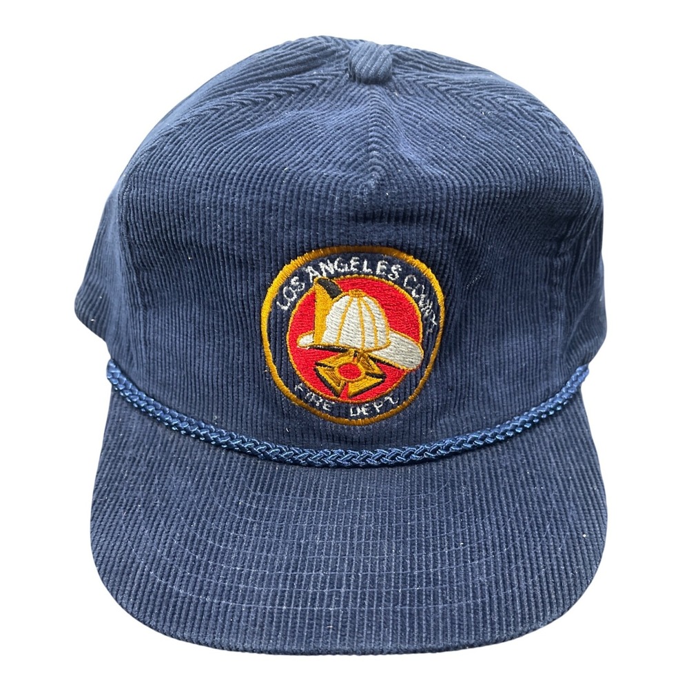 Vintage Nissin Cap Los Angeles County Fire Dept Corduroy Rope Hat Navy Blue